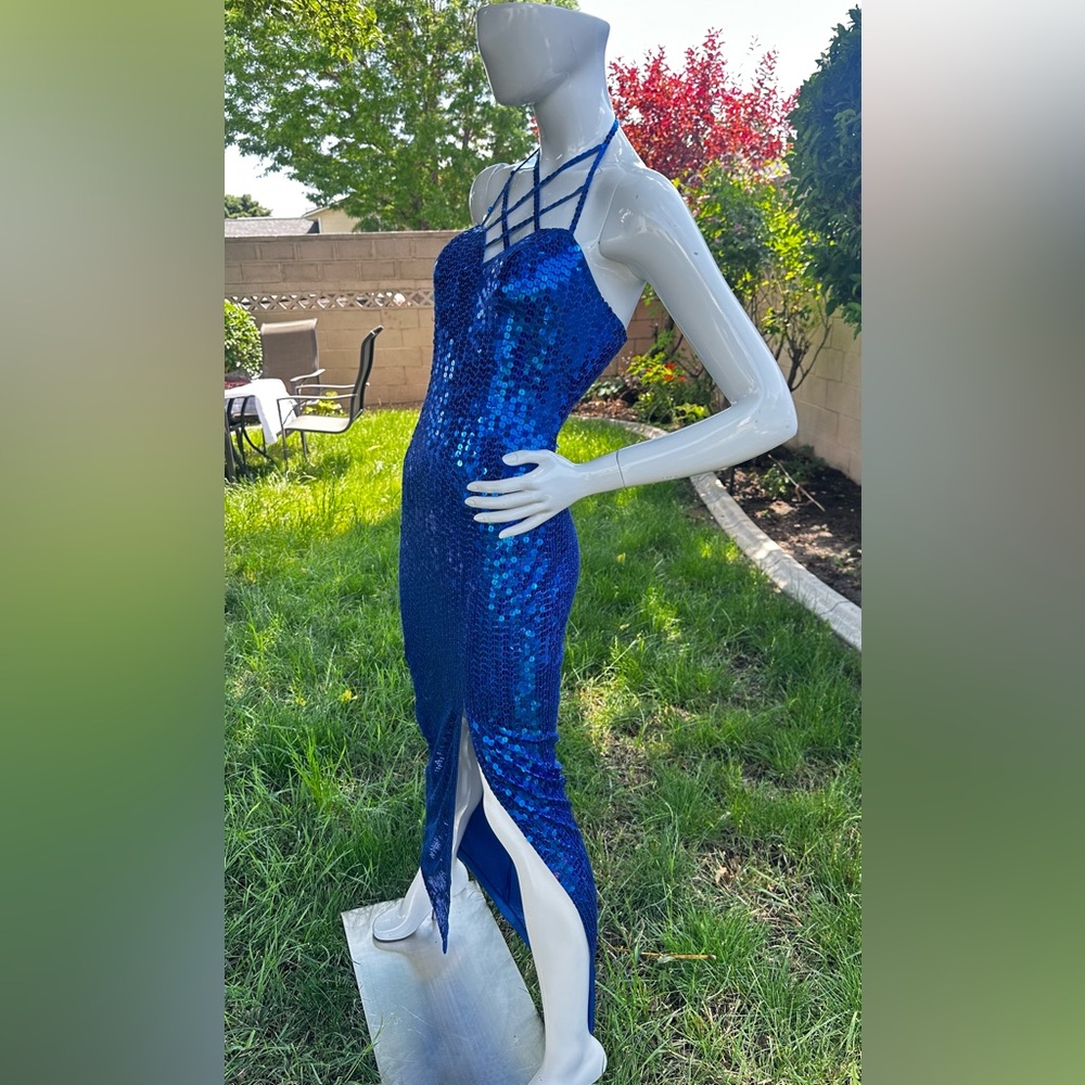 Adrianna Papell Blue Sequin Halter Gown PF2S